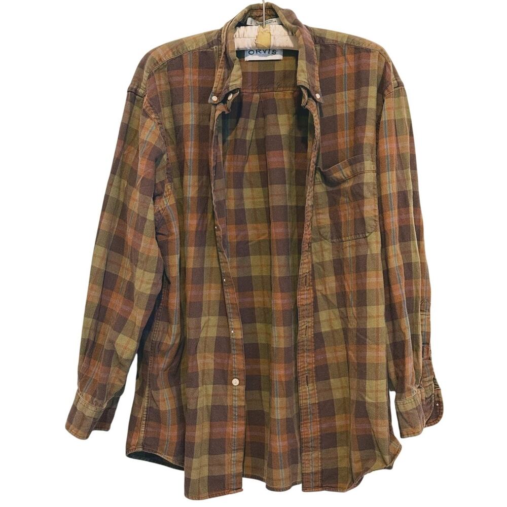 Orvis Men’s Plaid Flannel Button Up Shirt Large Brown Rustic Outdoor Heritage